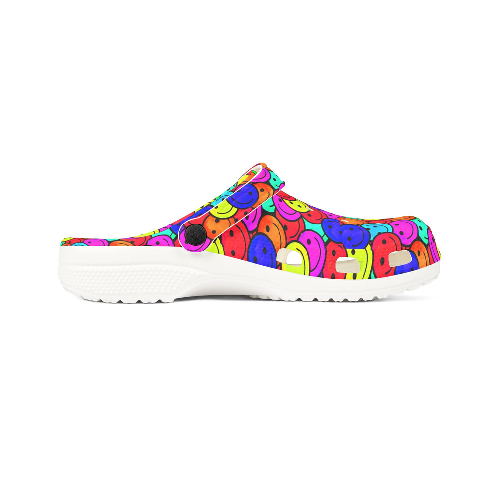 Colorful Smiley Clogs, Cheerful EVA Foam Shoes, Fun Garden Footwear, Happy Mood Shoes, Vibrant Casual Footwear