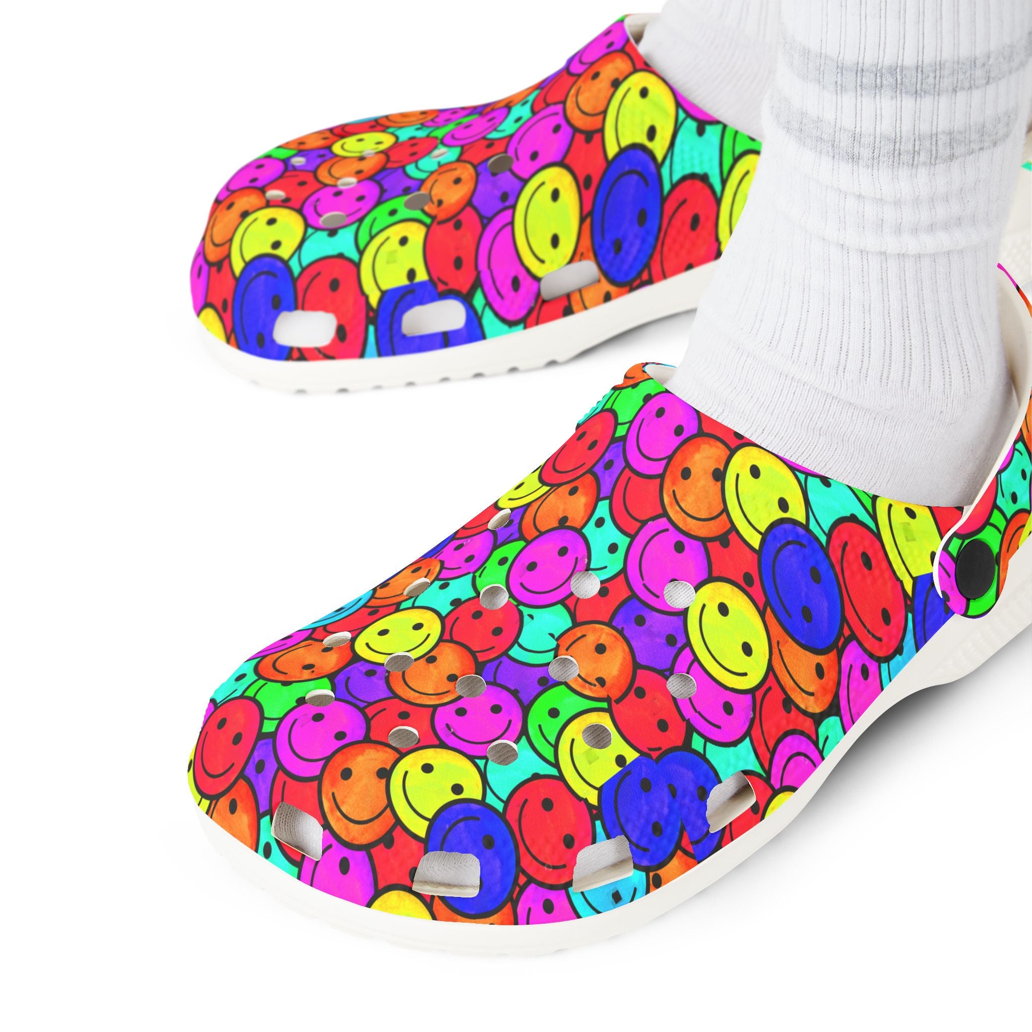 Colorful Smiley Clogs, Cheerful EVA Foam Shoes, Fun Garden Footwear, Happy Mood Shoes, Vibrant Casual Footwear