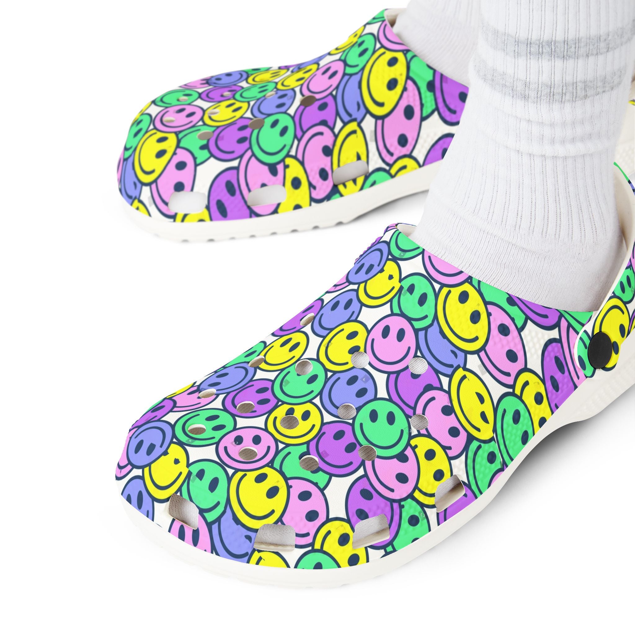Colorful AOP EVA Foam Rubber Shoes, Fun Clogs, Happy Face Footwear, Bright Slip-Ons, Perfect for Summer Outings, Gifts for Teens