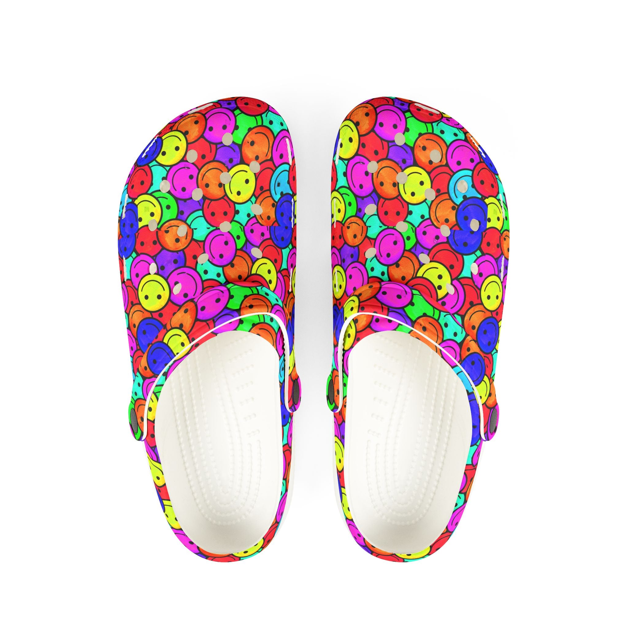 Colorful Smiley Clogs, Cheerful EVA Foam Shoes, Fun Garden Footwear, Happy Mood Shoes, Vibrant Casual Footwear