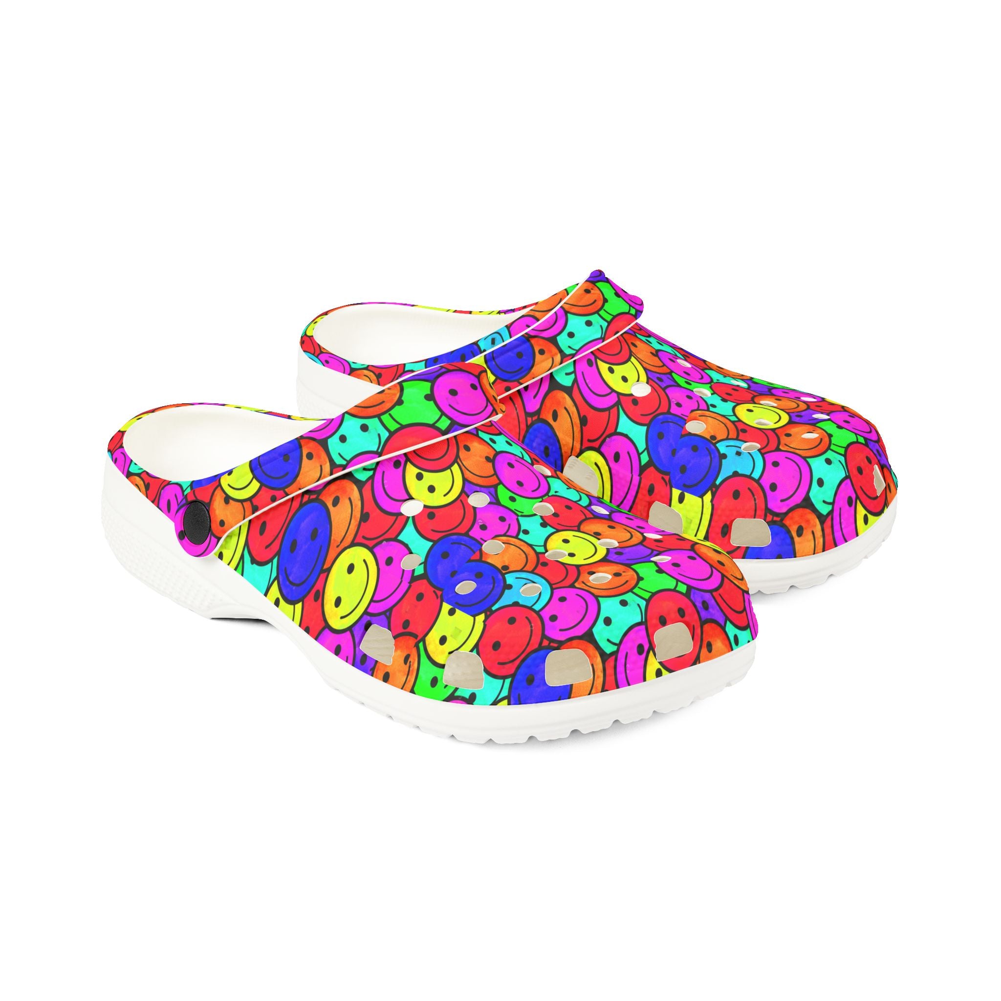 Colorful Smiley Clogs, Cheerful EVA Foam Shoes, Fun Garden Footwear, Happy Mood Shoes, Vibrant Casual Footwear
